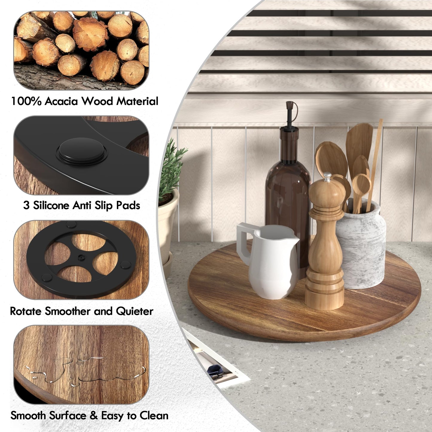 Greatseas Lazy Susan for Table Top Bamboo Lazy Susan Turntable for Cabinet Kitchen Countertop Organizer for Condiment Bathroom Counter Organizer Decor Sink Tray Acacia Wood 13.2 Inch