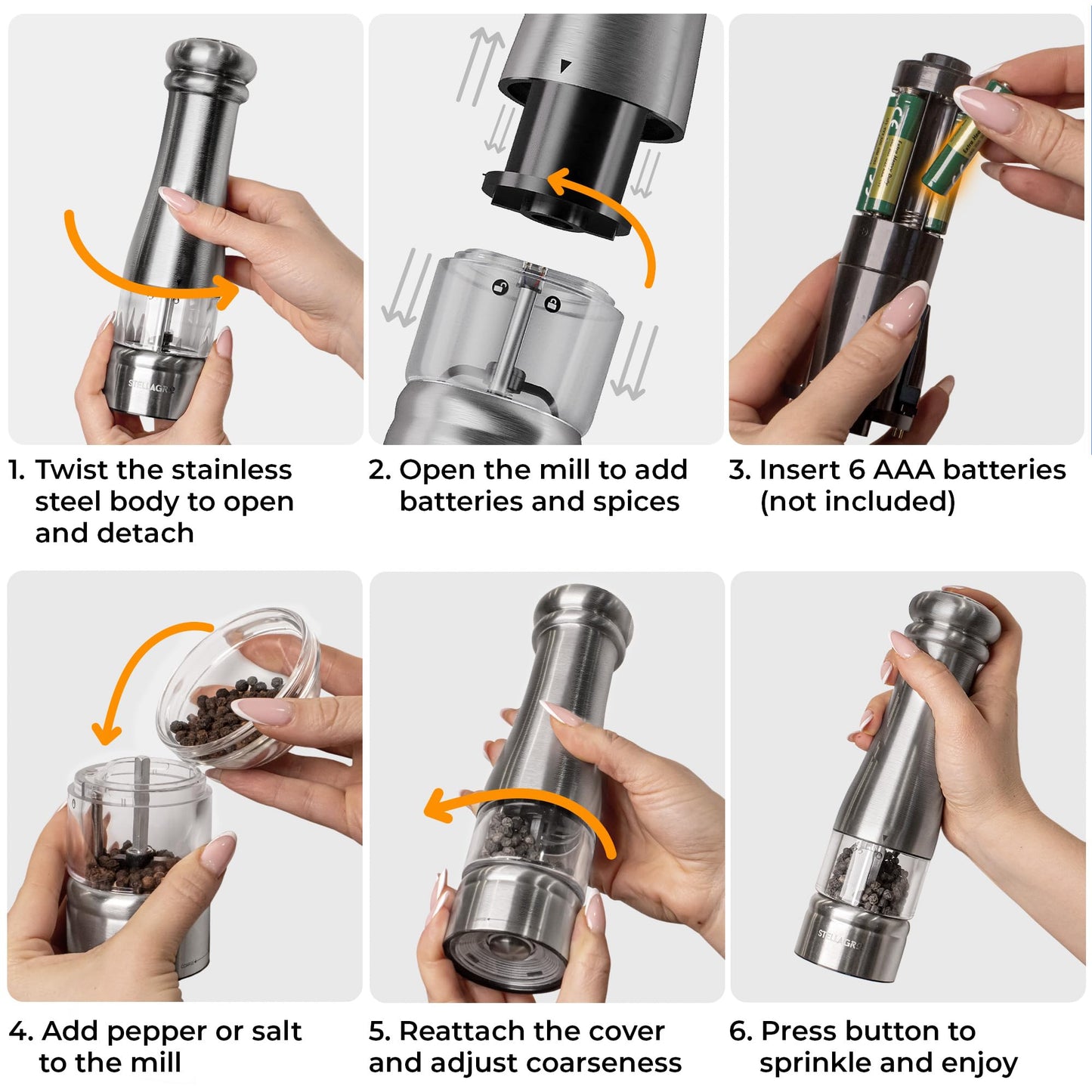 Electric Salt and Pepper Grinder Set, Battery Operated Grinders with Adjustable Coarseness, LED Light, One-Hand Operation, Refillable Stainless Steel Mills