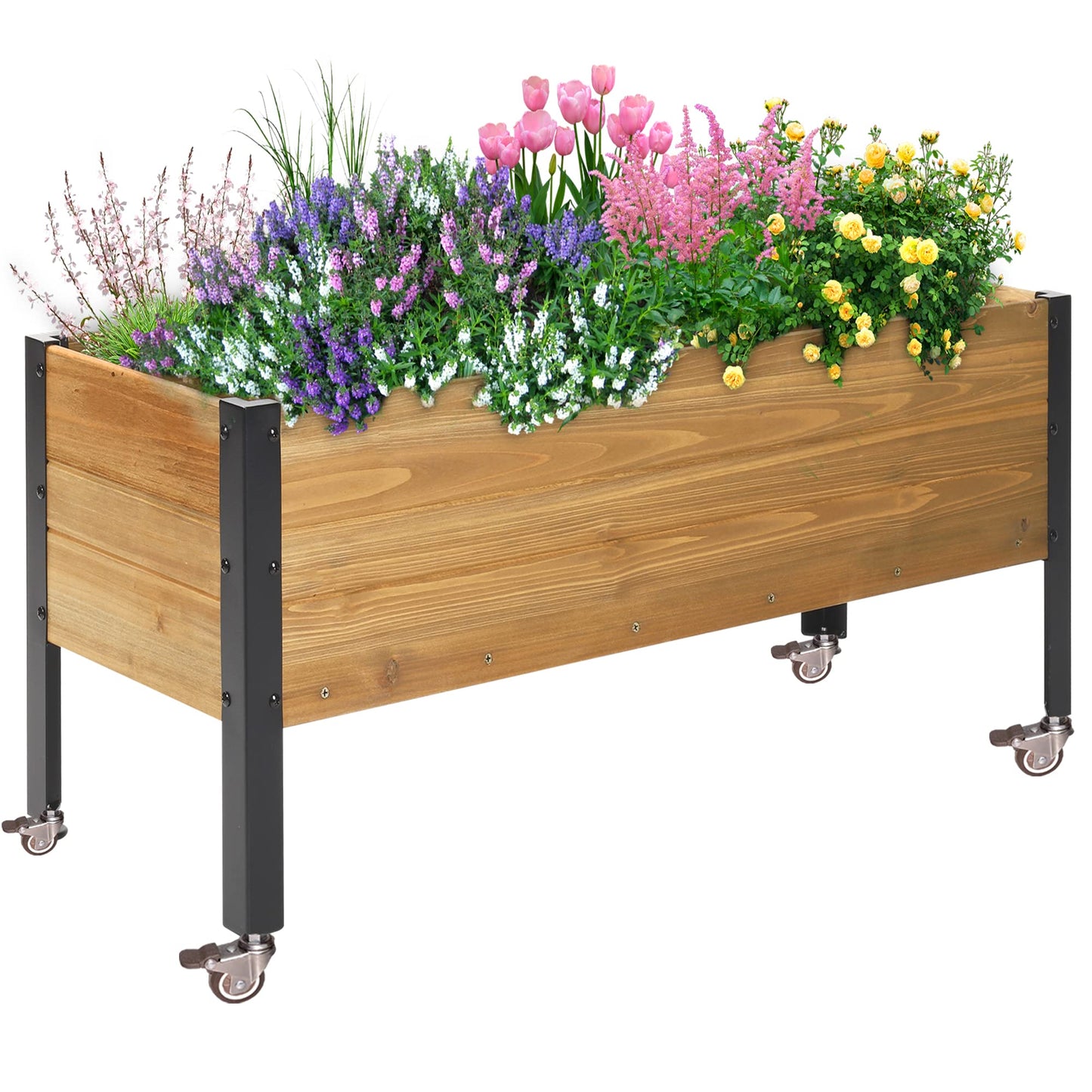OIPRTGFJ Wood Rectangular Garden Planter Box with Wheel Raised Garden Bed Outdoor,Planters for Outdoor Plants 37 * 13 * 15 Elevated Planter Box for Herbs Vegetables Flowers Outdoor Patio Deck Balcony