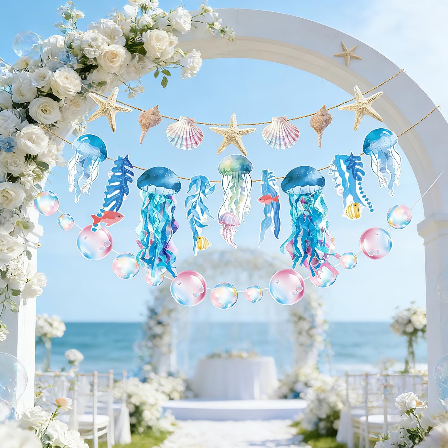 SUNBEAUTY Starfish Seashell Banner Under The Sea Party Decoration Jellyfish Hanging Garland 9.8ft Blue Bubble Garlands for Ocean Beach Theme Birthday Decor Mermaid Summer Party Decor