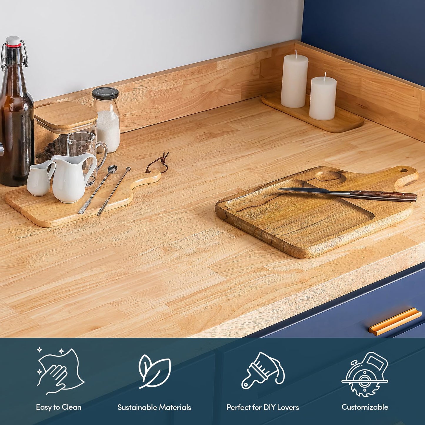 AllForWood Hevea Solid Wood Butcher Block Table Top 60''L x 25''W x 1.5''Thick, Desk top, Unfinished Butcher Block Countertop for DIY Desktop/Kitchen Countertop (Unfinished)