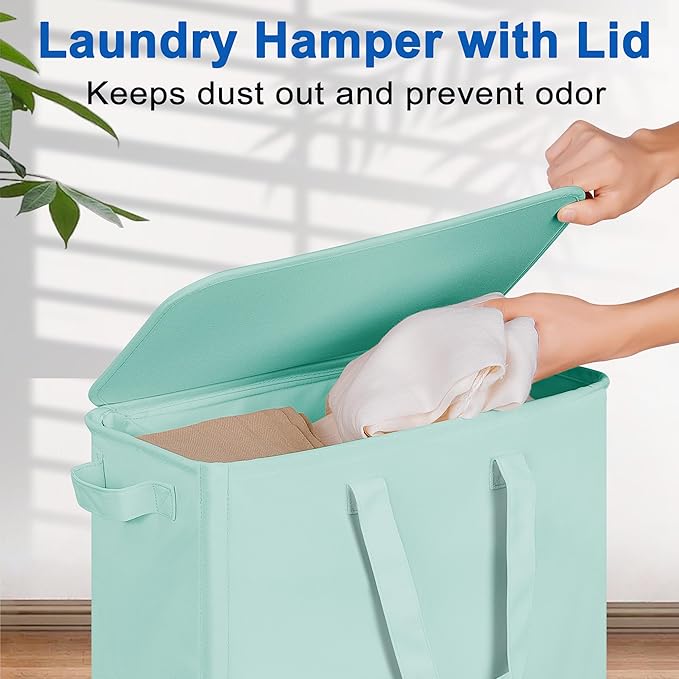 Slim Laundry Hamper with Lid and Wheels, Small Rolling Laundry Basket with