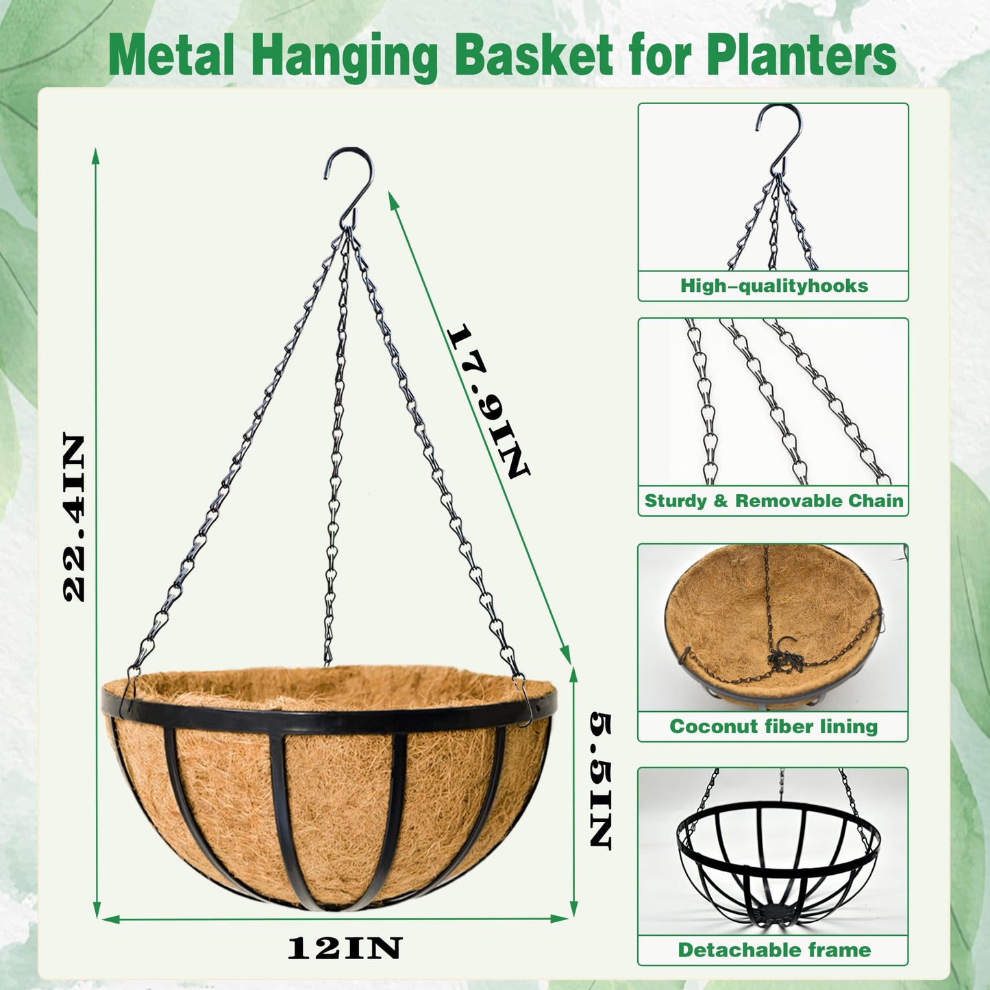 JFFLYIT 2 Pack 12 Inch Hanging Planters for Outdoor Plants Metal Hanging Planter Basket with Coco Coir Liner Round Plant Black Flat Iron Metal Flower Pots for Deck Patio Porch Garden Balcony