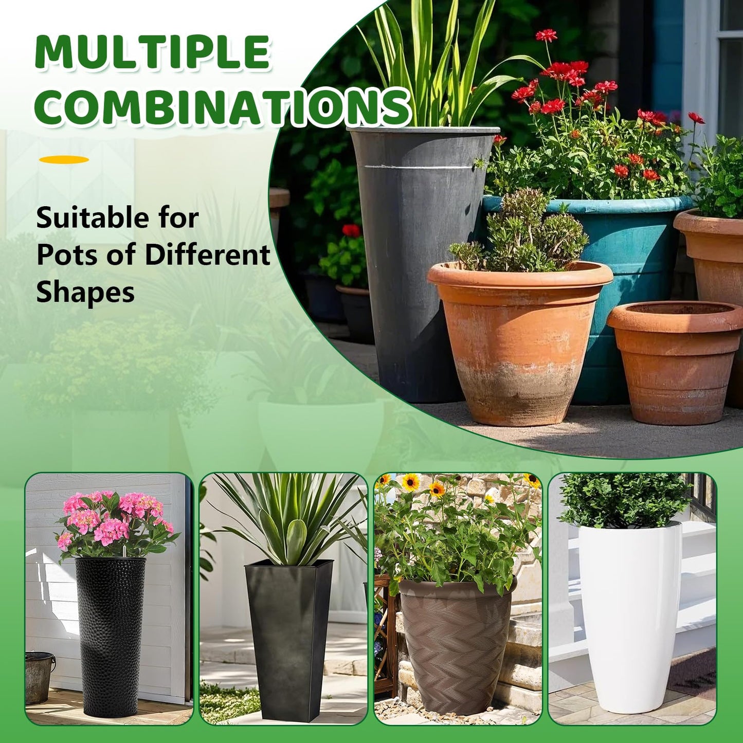 YLSAZL 2 Pack Adjustable Height Plant Risers for Inside Pots,11-17" Rise Plant Risers for, Indoor & Outdoor Insert with, Tall Square Round Taper Planter with 6''8" 10" Base & Top（ Green - Short）