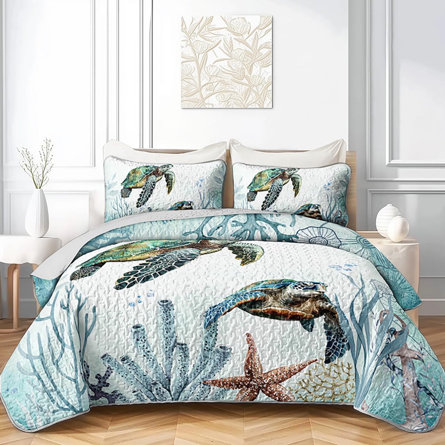 AILONEN Sea Turtle Bedding Quilt Set Queen Size,Teal Blue Ocean Beach Coastal Bedspread Coverlet,3 Pieces Soft Lightweight Quilt & 2 Pillowcases
