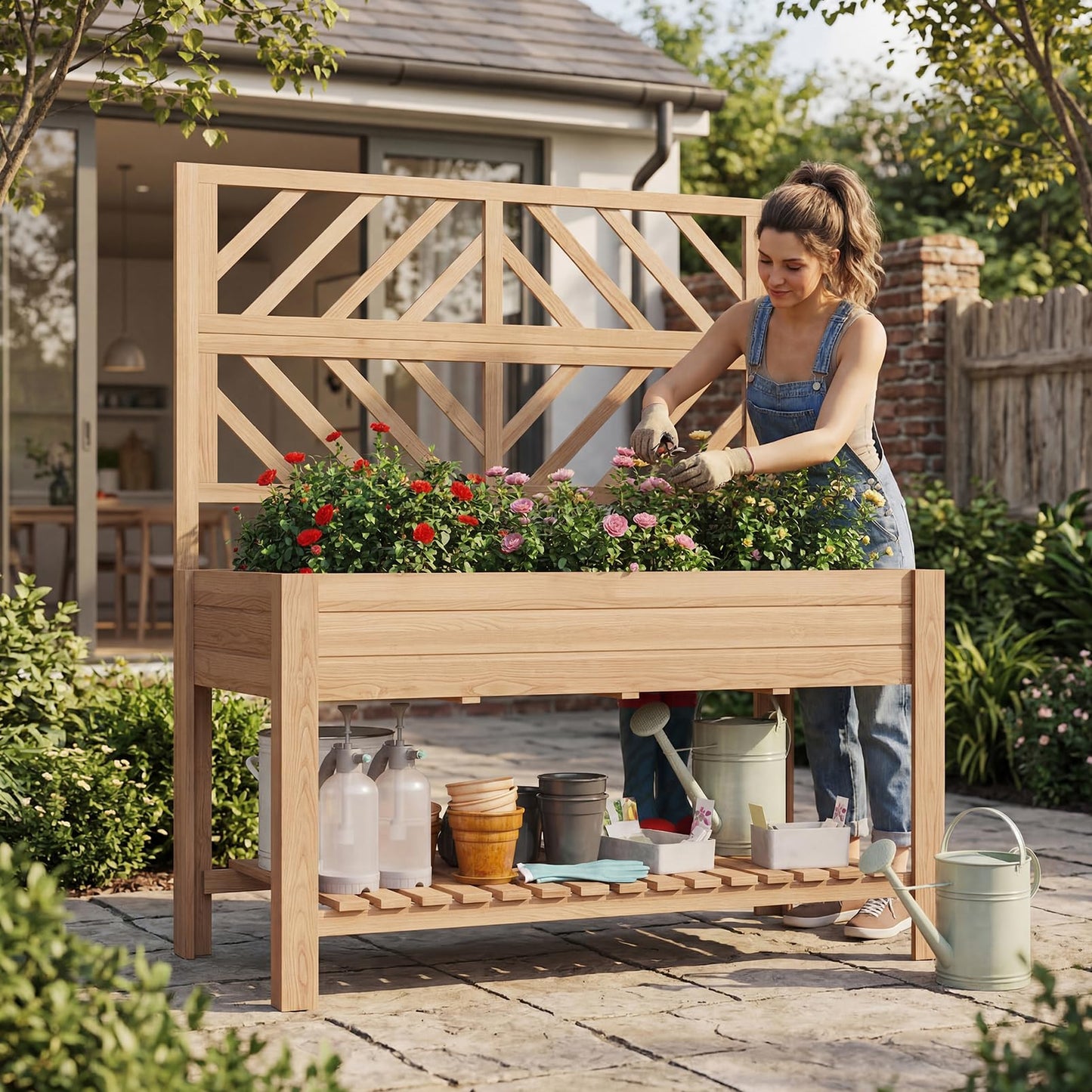 Vabches Wooden Elevated Raised Garden Bed with Trellis,47x24x55 in Planter Box with Legs and Storage Shelf,FreeStanding Gardening Planter for Flower Herb Vegetable Fruit Climbing Vines