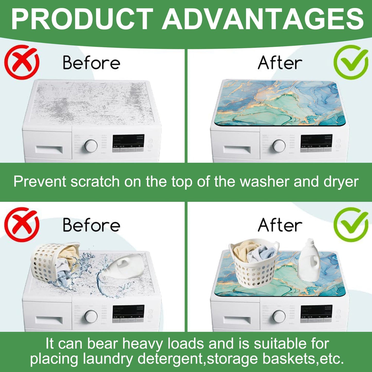 Blue and Green Fluid Marble Texture Washer and Dryer Covers For The Top, Non-slip Fast Drying Absorbent Dryer Top Protector Mat for Kitchen Laundry Room Decor,23.6"x19.7"