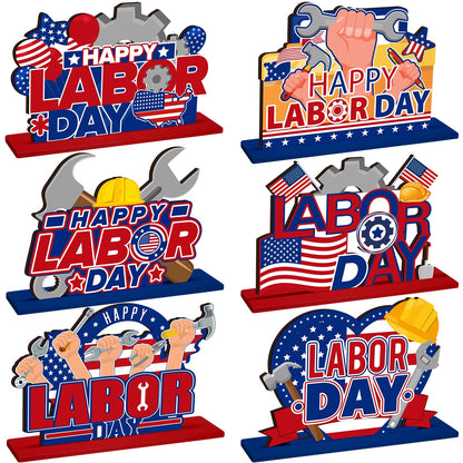 6 Pcs Labor Day Decoration Wooden Party Table Centerpieces Supplies Patriotic Theme Table Decorations for American Labor Day Party