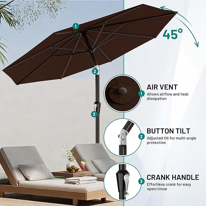 AreShark 9 FT Patio Umbrella for Outdoor, Outdoor Table Umbrella with Push Button Tilt and Crank, Outdoor Patio Umbrellas with 8 Sturdy Ribs for Market, Garden, Pool (Brown)