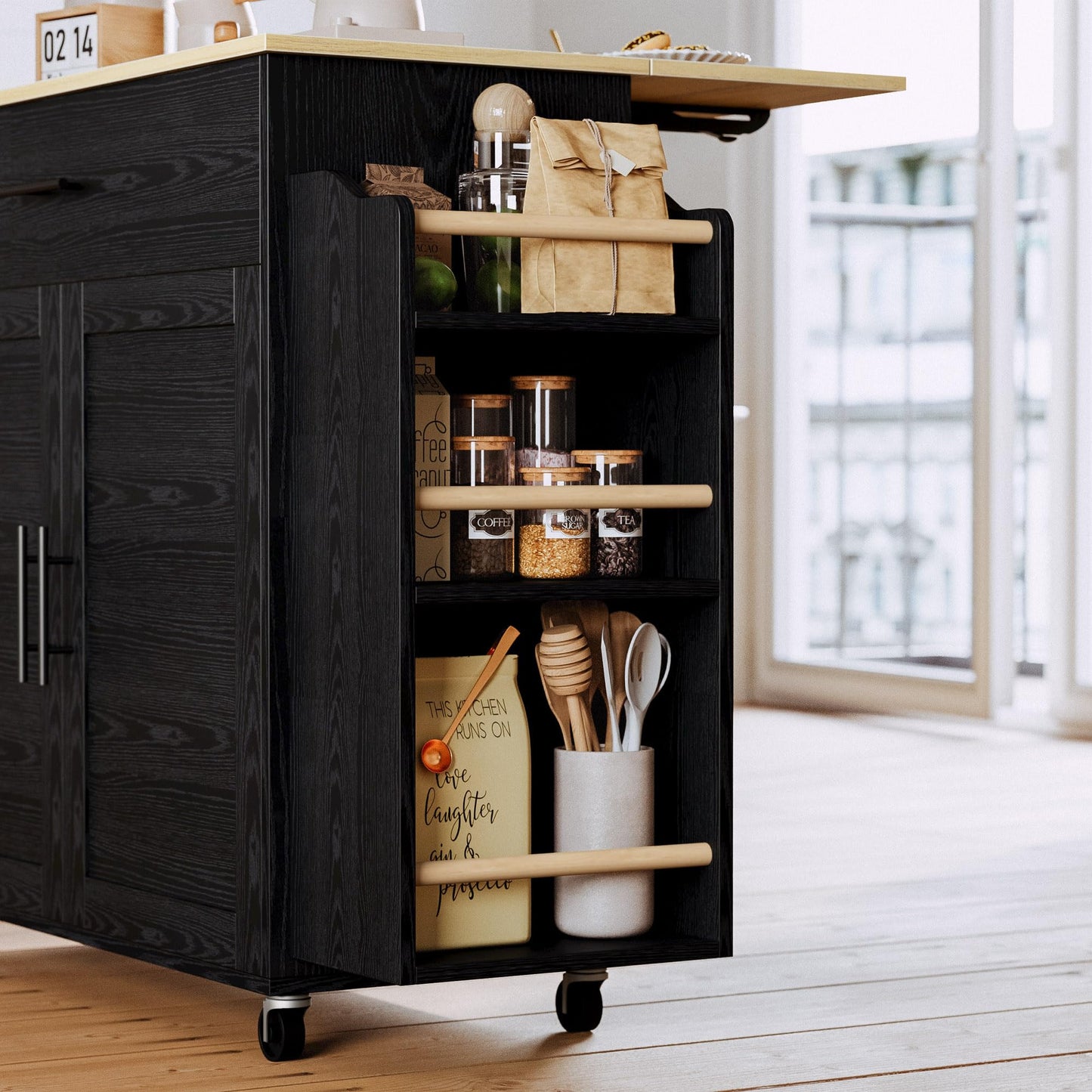 IRONCK Kitchen Island with Storage, Rolling Kitchen Island on Wheels with Drop Leaf, Charging Station, 3 Open Spice Rack, Cabinet, Drawer, Kitchen Cart Island Table for Kitchen, Black