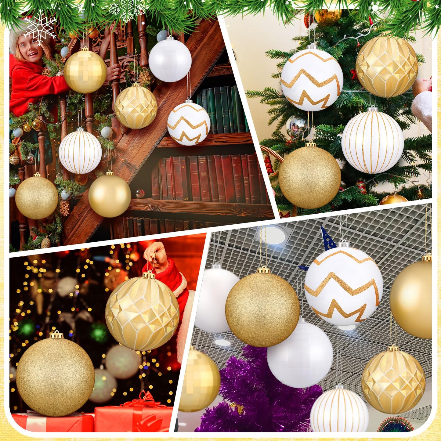 Wettarn Set of 8 Large Christmas Ball Ornaments 6 Inch White Gold Glitter Hanging Christmas Plastic Balls Indoor and Outdoor Hanging Christmas Tree Decorations for Lawn Yard Garden
