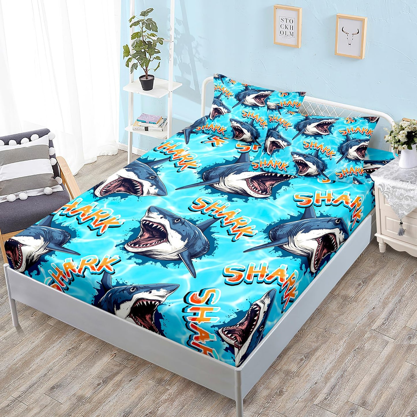 HOSIMA Shark Fitted Sheet Set Twin Size,3D Shark Pattern Ocean Theme Twin Bedding Set for Kids Boys,Sea Animal Collection Deep Pocket for Ocean Bedroom Decor,1 Fitted Sheet+2 Pillowcases.