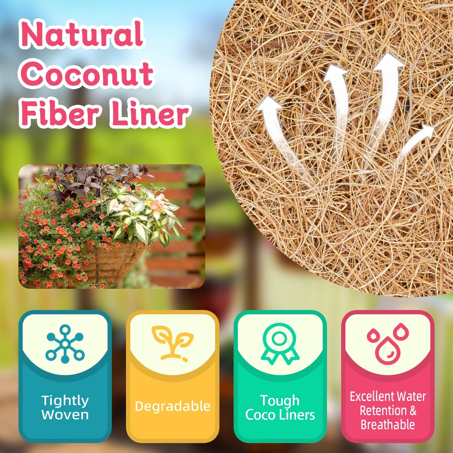 Riare 4 Pack 20 Inch Round Coco Liners Replacement, 100% Natural Coconut Coir Liners for Hanging Baskets, Garden Flower Vegetables Planter Pot, Window Box, Fence, Decks