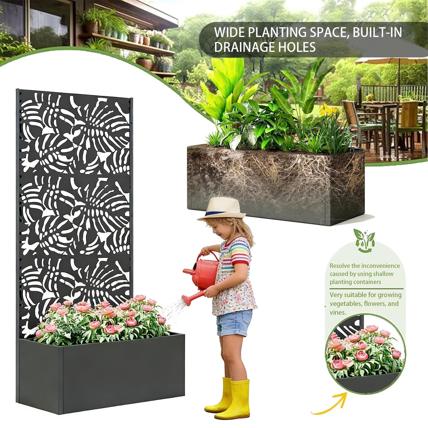 47" Metal Planter Box with Trellis on Wheels, Galvanized Steel Raised Garden Bed Privacy Screen, 71" Tall Mobile Vertical Garden Planter for Patio, Deep Root Outdoor Climbing Plant Support, Black