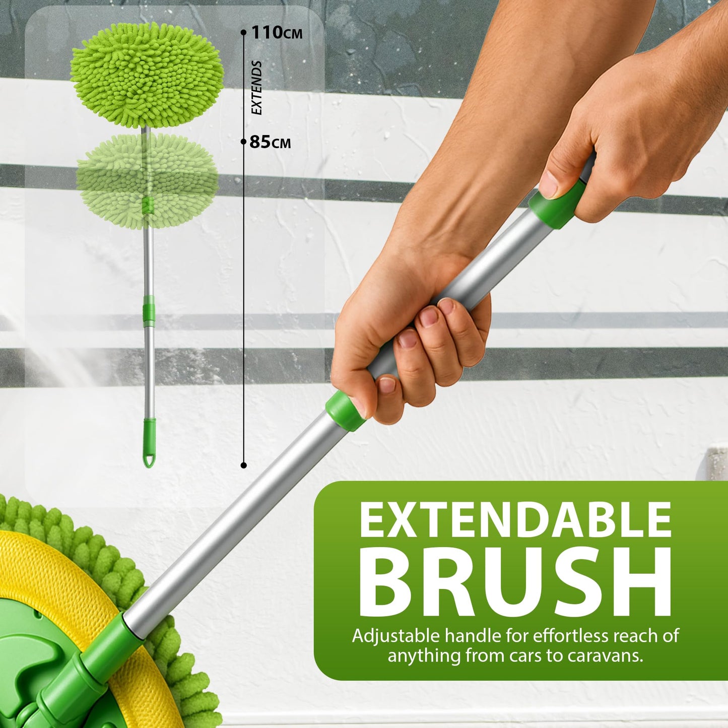 ZENO Car Cleaning Brush | Car Wash Brush | Microfibre Mop with Mittens | Car Washing Brush | Car Wash Kit for Cleaning Van Truck Caravan | Scratch Free 2 x Mop Heads | 1 x Extendable Pole 53-104cm
