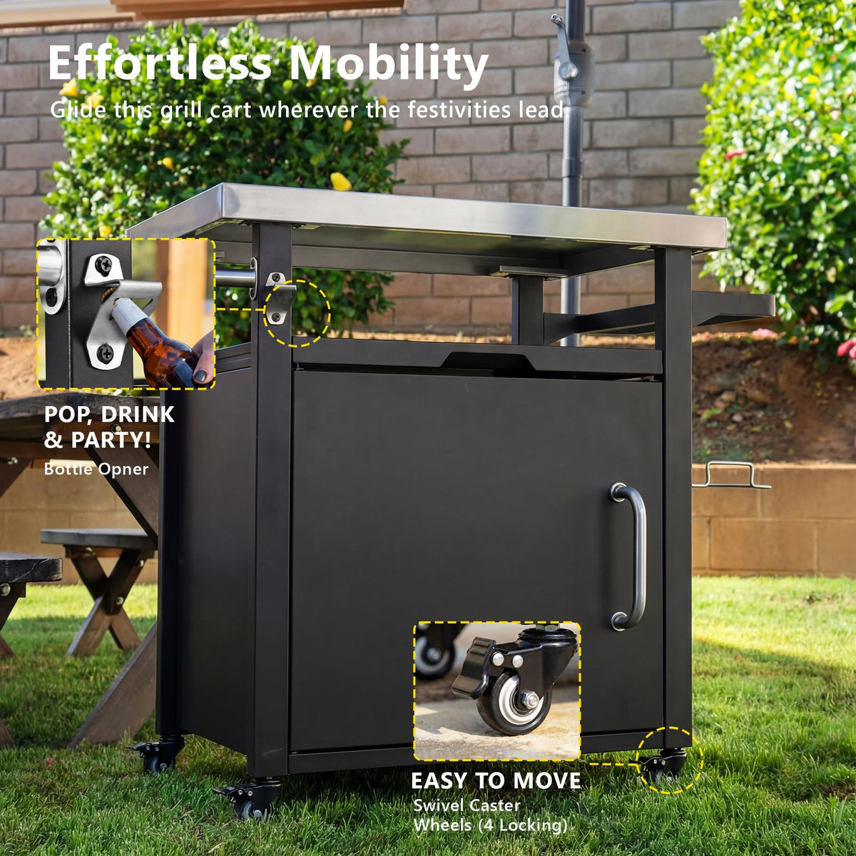 Merax 39.5" Outdoor Grill Cart with Pizza Topping Station, Grill Table Stand with Spice & Paper Rack for BBQ, Movable Food and Prep Workcart, Rolling Kitchen Island, Waterproof Cover Included, Black