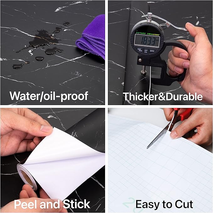 practicalWs 11.8"×78.7" Black Marble Contact Paper Matte Peel and Stick Kitchen