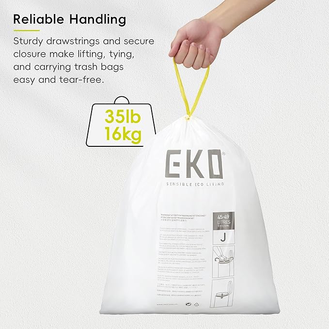 EKO 12.9 Gallon / 45-49 Liter, Extra-Strong Unscented Garbage Bags,