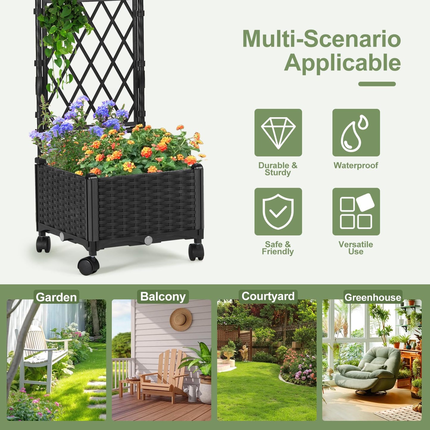 FOLLOOK Planter Box with Trellis, 4ft Tall Self-Watering Plastic Raised Garden Beds and Lattice Trellis with Lockable Wheels & Drain Plug for Outdoor Patio Backyard Balcony, Black, 1 Pc