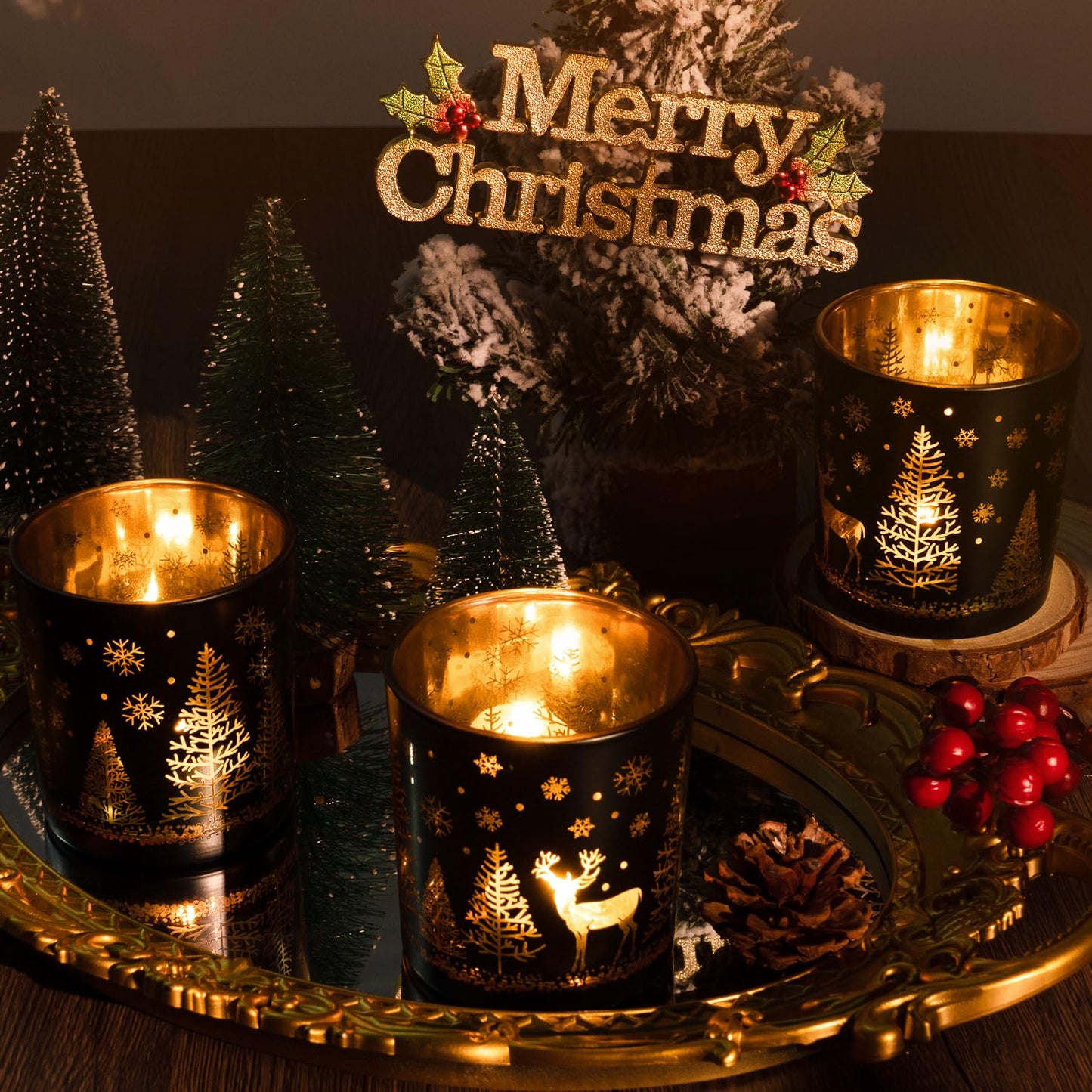 Toptime Votive Candle Holders, Black and Gold Glass Tealight Candle Holder Set of 3, Christmas Candle Holder with Elk, Xmax Tree, Snowflake Pattern, Table Canterpieces for New Year Party Decor
