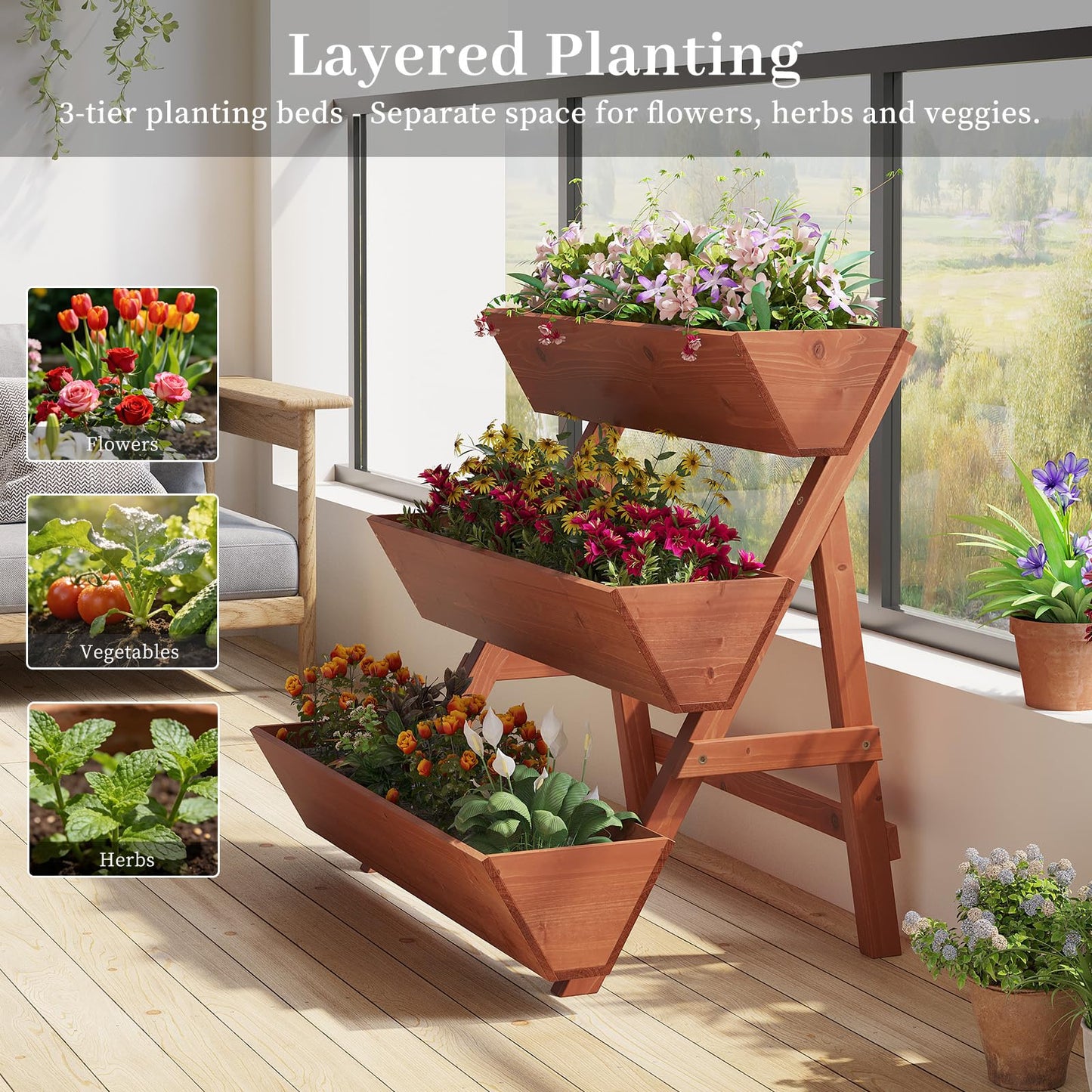 Kitsanery 3-Tiers Wooden Raised Garden Bed,Wood Planter Box for Vegetable,Flower Rack,Flower Pot Stands,Indoor Outdoor Gardening Planting Beds (Brick red, Large)
