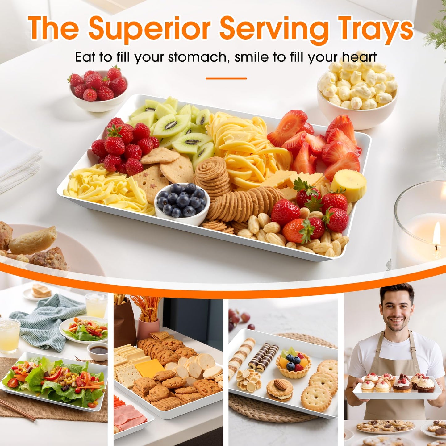 SpaceWhisper 3 Pack Serving Tray, White Rectangular Appetizer Platters for Party, Catering, Buffet, Large Reusable Serving Dishes for Snacks, Fruit, Dessert, 3 Size Set 16 * 11", 14 * 9", 12 * 7"