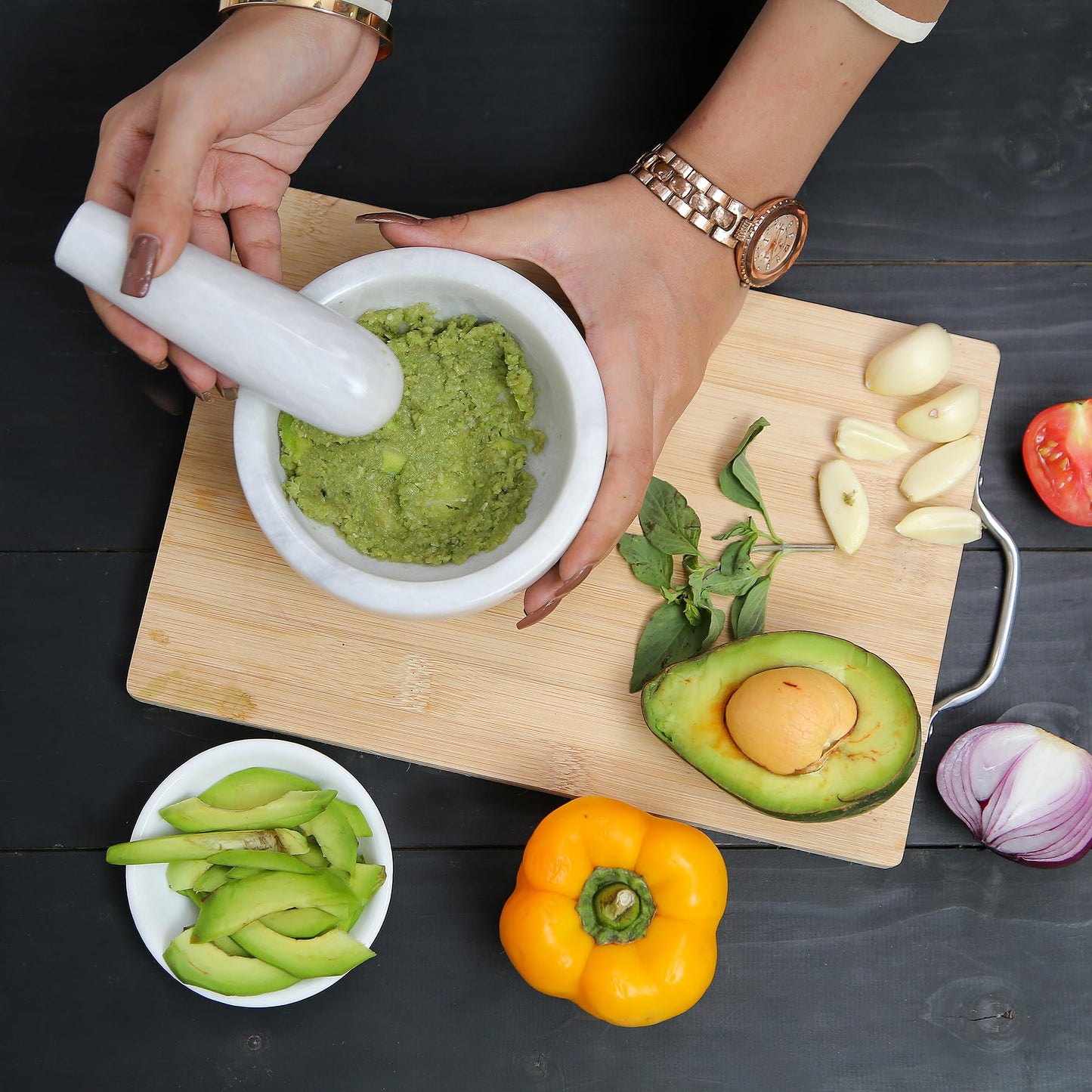 Exquisite Marble Mortar and Pestle Set - Your Ultimate Kitchen Essential for Grinding Spices, Making Guacamole, Salsa, Pesto, and Crushing Pills (White, Bowl Shape (5"))