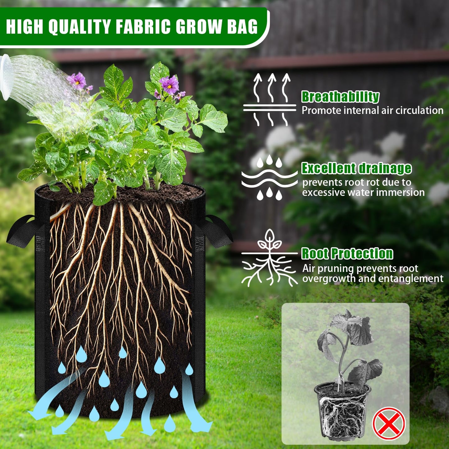 MJZ 3 Pack 15 Gallon Potato Grow Bags with Harvest Observation Windows, 380G Thickened Potato Bags for Growing Potatoes, Heavy Duty Nonwoven Fabric Garden Growing Containers to Grow Vegetable Tomatoes