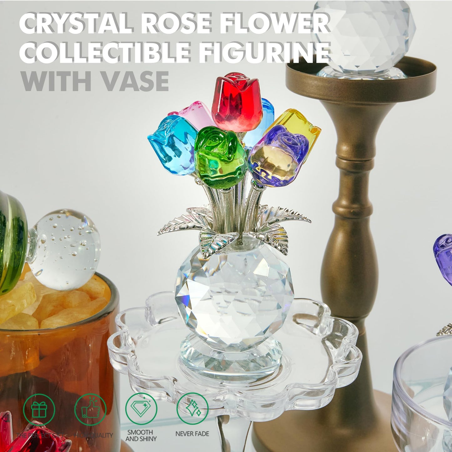 KRISININE Crystal Colorful Rose Flower Collectible Figurine Glass Flowers with Vase Romantic Gifts for Wife Mom Women(2.8 * 4.7in)