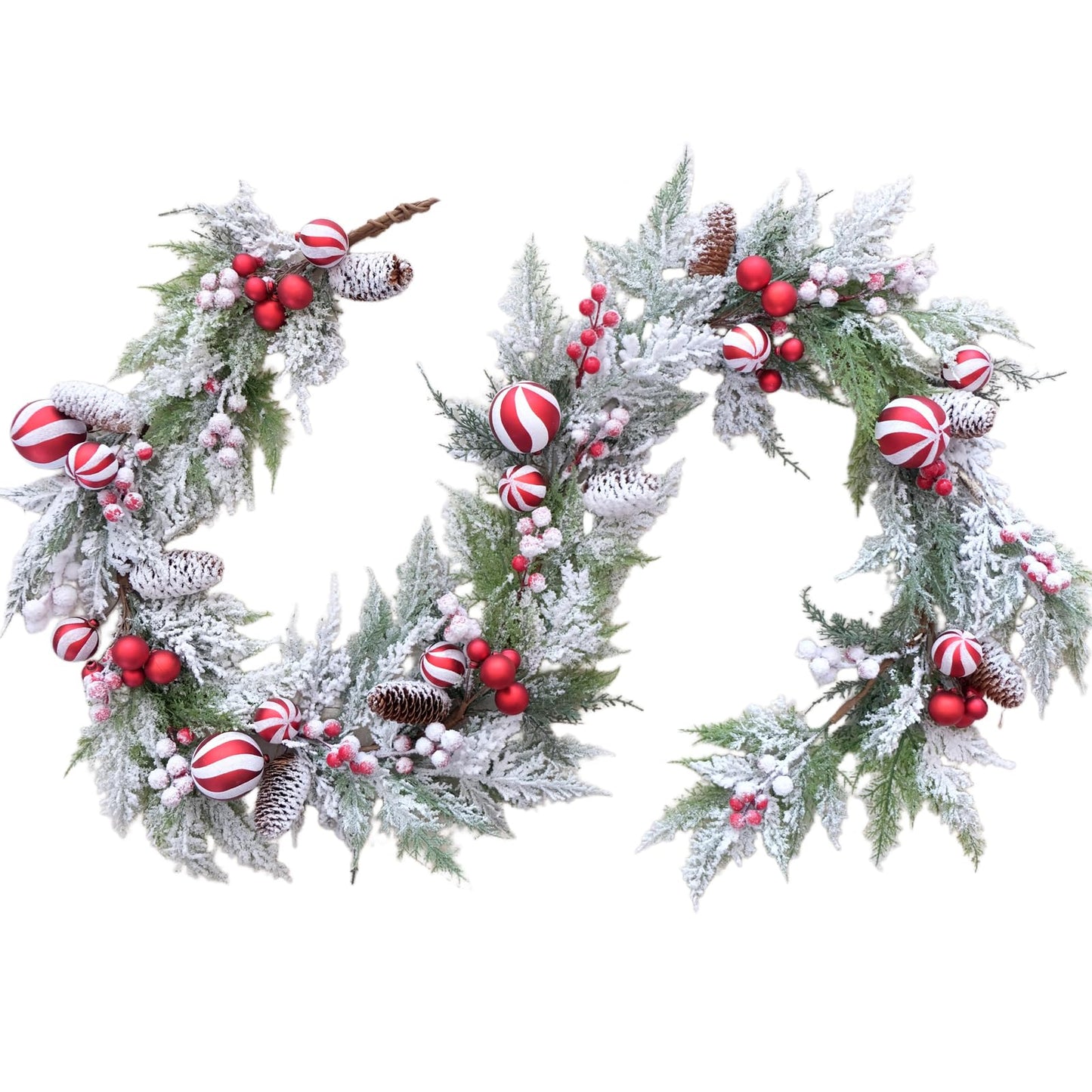 Egolot 70 Inch Christmas Candy Cane Garland for Front Door, Winter Red White Xmas Holiday Garland for Indoor Outdoor, Christmas Frosted Garland with Berries and Pine Cones