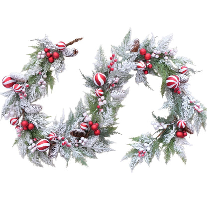 Egolot 70 Inch Christmas Candy Cane Garland for Front Door, Winter Red White Xmas Holiday Garland for Indoor Outdoor, Christmas Frosted Garland with Berries and Pine Cones