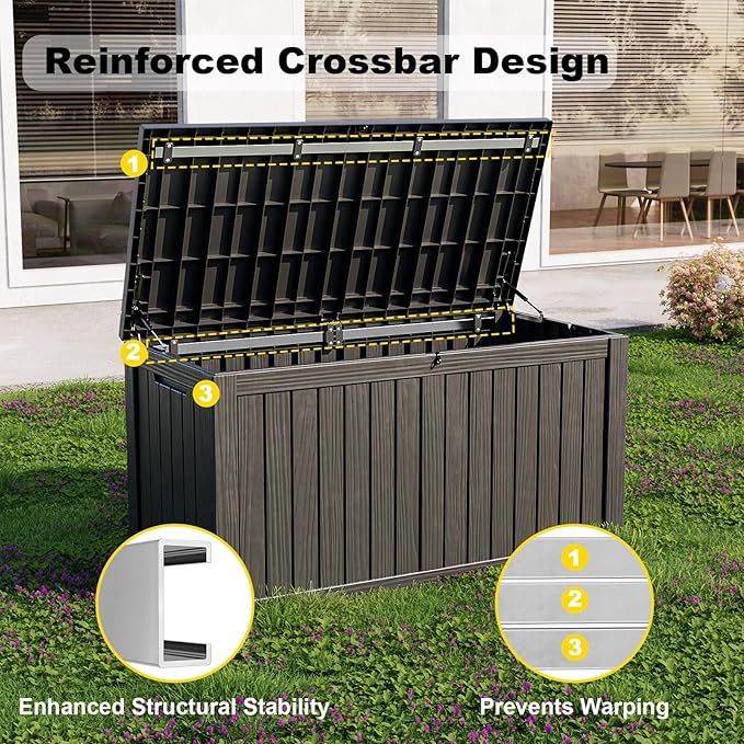 EasyUp 180 Gallon Outdoor Deck Box Waterproof, UV Resistant Resin Outdoor Storage Box with Hydraulic Rod for Delivery, Porch, Patio and Garden, Black