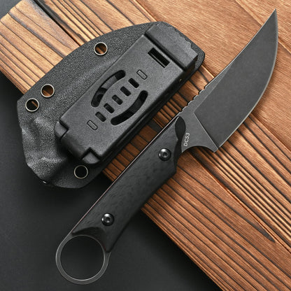 CCFFCC FF105 Fixed Blade Knife，DC53 Black Stonewashed Steel Blade Carbon Fiber Handle Full Tang Knife for Outdoor Camping Hunting Working(Black)