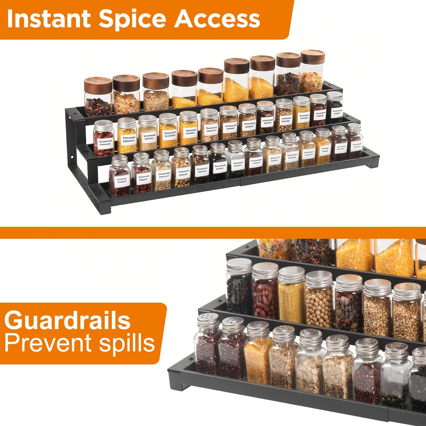 3-Tier Spice Rack Organizer for Kitchen Cabinet or Pantry, 16"-29" Expandable Spice Organization Shelf, Seasoning Organizer, Metal Display Shelf, Slip-Resistant Design for Jars and Bottles, Black