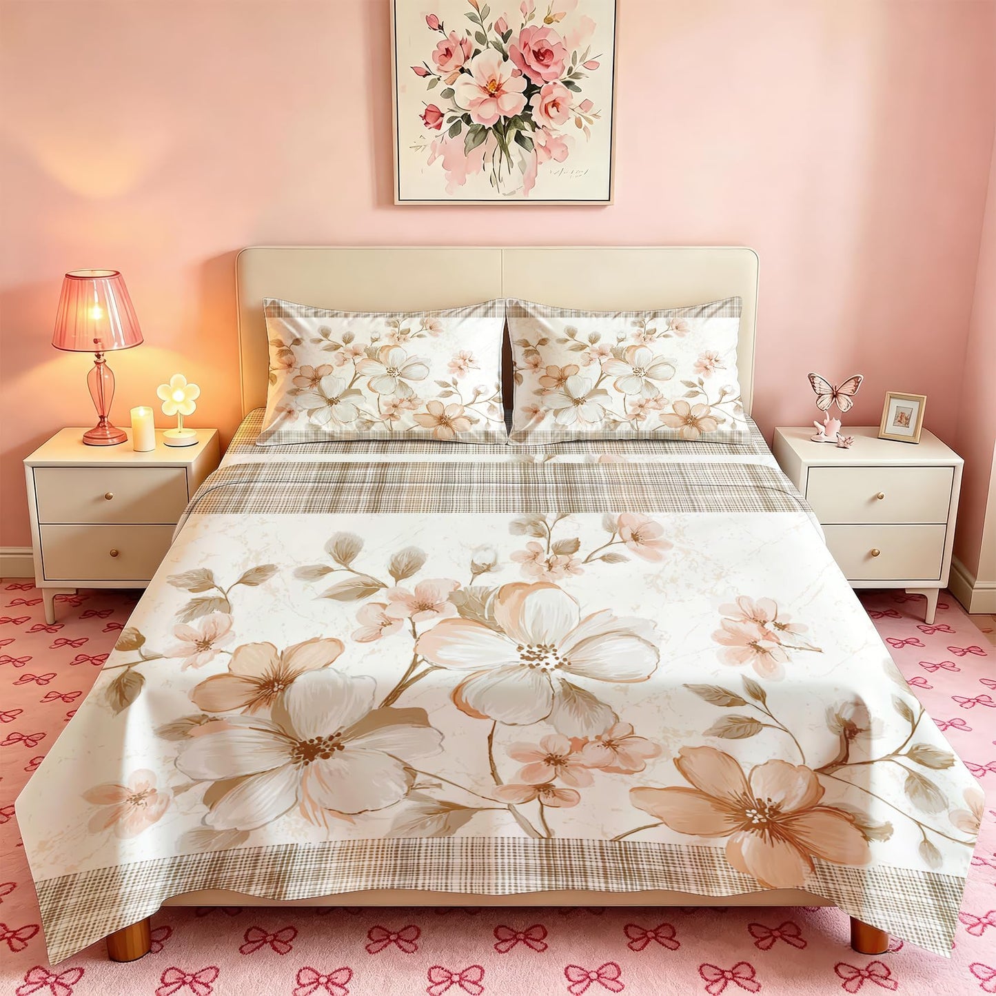 Plaid and Floral King Sheet Set Farmhouse Flat Fitted Sheet Sets