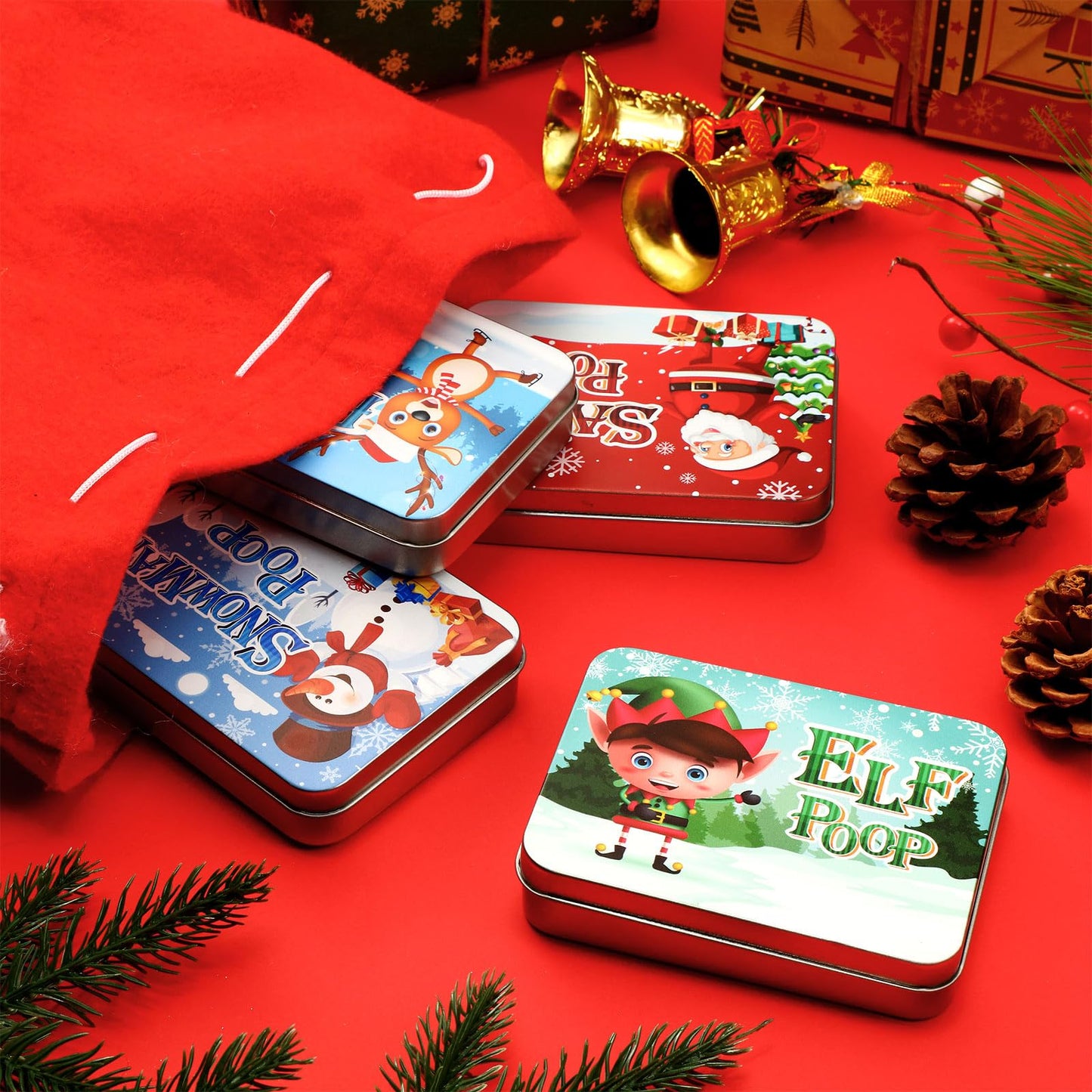 Zhengmy 8 Pack Novelty Christmas Poop Mint Stocking Stuffers Tins Christmas Character Mint Tins Gift Funny Candy Metal Box for Kids Teen Boy Adult, 4 Cute Style