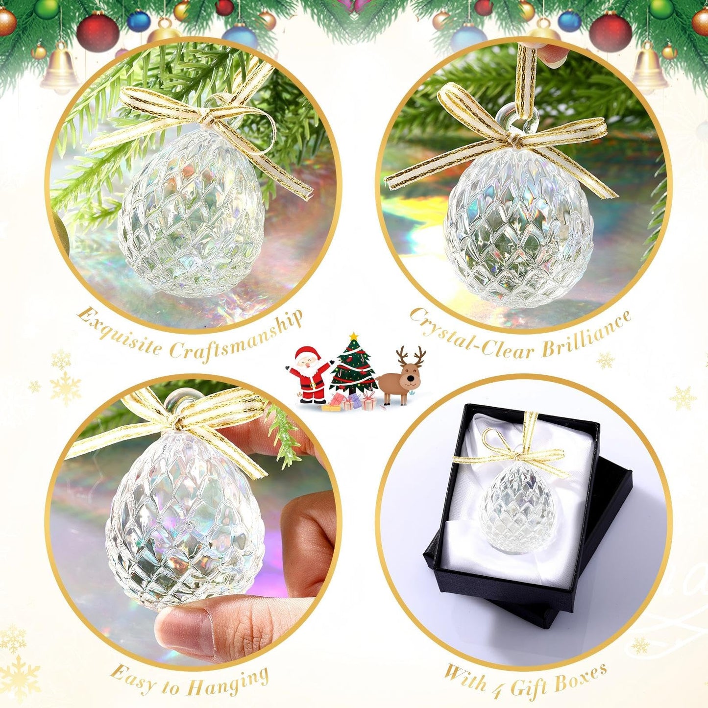 CroBlissful 4 Pcs Crystal Pinecone Christmas Ornaments 1.97'' Christmas Glass Crystal Ball Ornaments Hanging Glittering Clear Prism Pendant Suncatcher for Christmas Tree Party Decor Gift