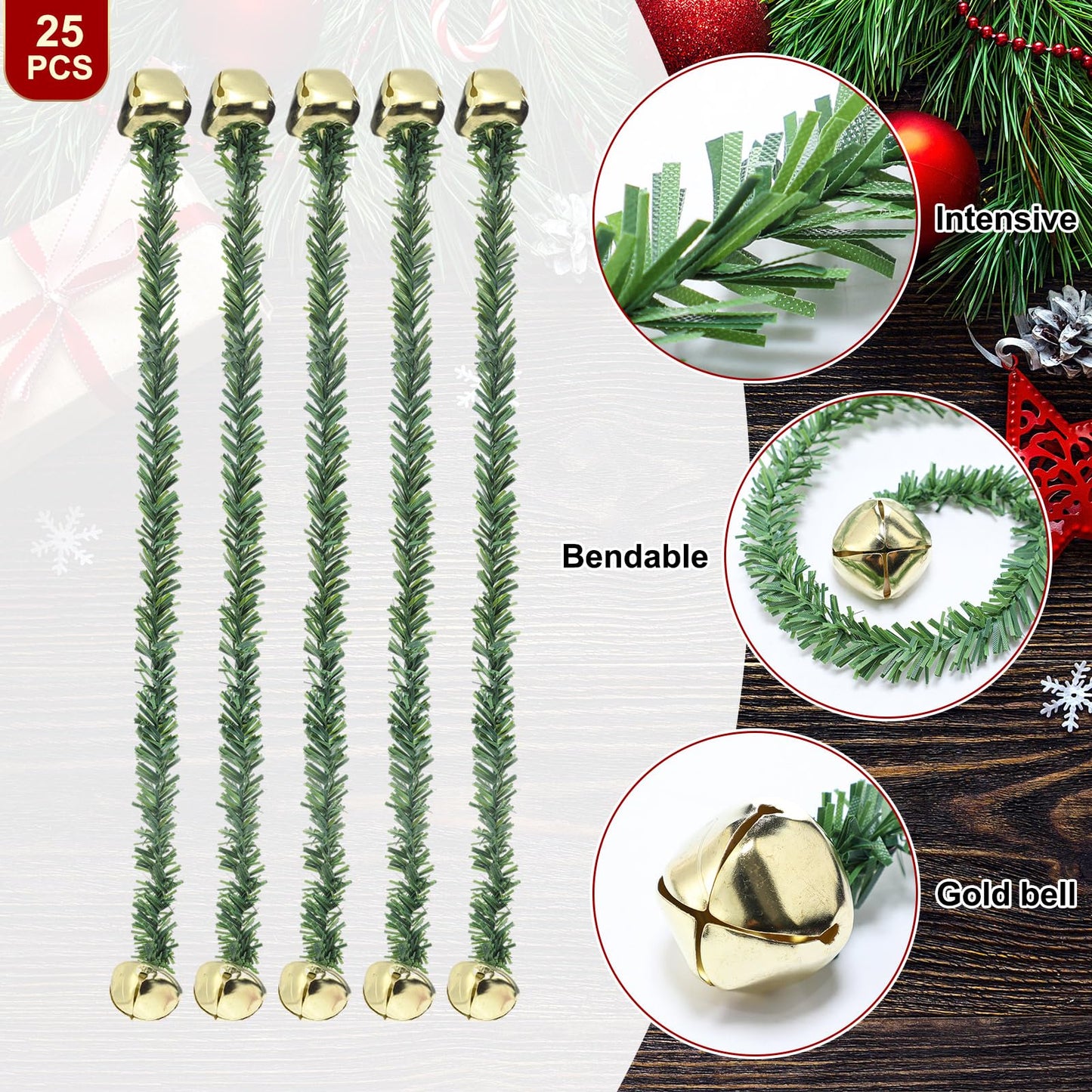 Motionchic 25 Pcs 20 Inches Christmas Garland Ties with Bells Decorative Twist Ties Garland Hanger for Banister Stairs Railing Garden Reusable Flexible Twist for Xmas Holiday Decorations (Gold)