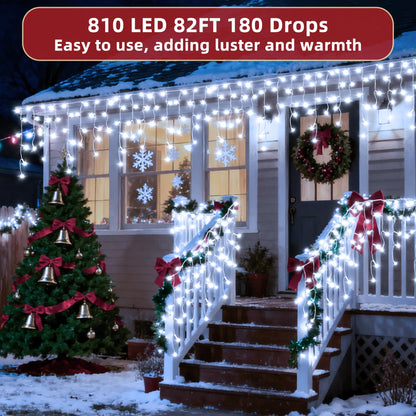 810 LED Christmas Lights Outdoor 82FT with 180 Drops, Christmas Decorations Hanging Lights 12 Modes, Dimmable Outsite Fairy String Lights for Wedding Party Holiday Winter Wonderland Decor Cool White