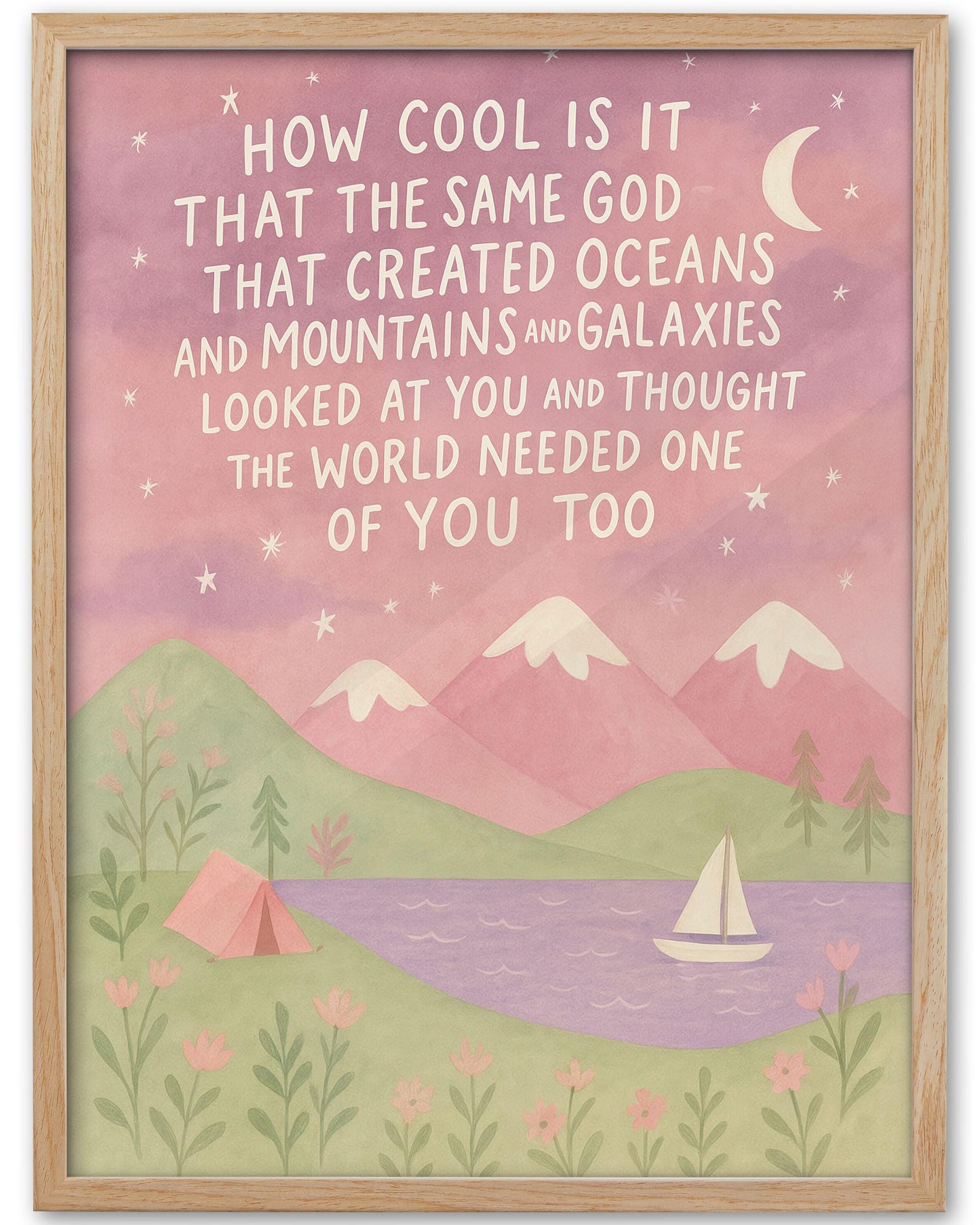 KensTro Natural OAK Wood Same God Creation Framed Wall Art,12x16in Inspirational Christian Bible Canvas Art,Mountain Nursery Decor,Pink Set of 1 for Christian Girl Bedroom Dorm for Girly Adoption Gift