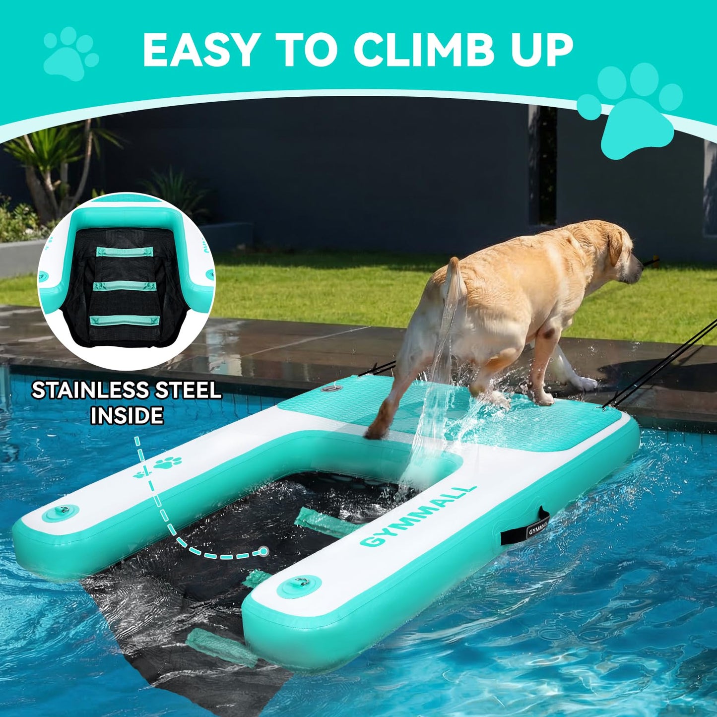 GYMMALL Dog Water Ramp 47 * 40inch Inflatable Pet Floating Platform Green, Dog Dock Ramp for Boat Pool Lake Sea, Non-Slip Pool Water Ramp for Dogs up to 220lbs, EVA Float Ramp Dog Water Ladder