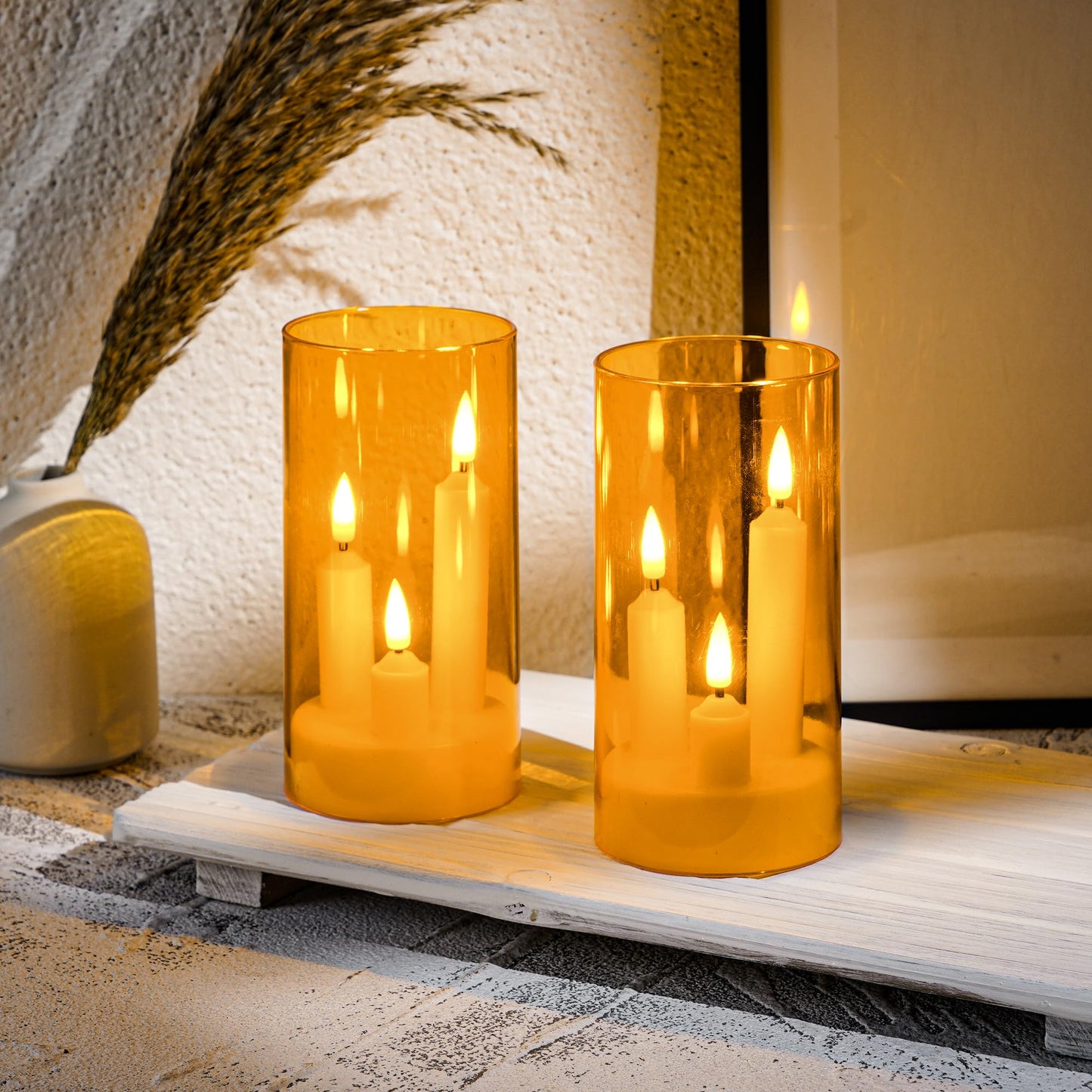 2 Pack 3D Wick Flameless Taper Candles, Champagne Transparent Acrylic Cover, Remote Control Flickering LED Candles, Battery Operated Electric Candles for Wedding Party Christmas Home Table Decor.