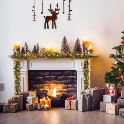 MINDELF 6 FT Artificial Christmas Garland, Faux Spruce Evergreen Garland with 20 LED Lights, Red Gold Ball Ornaments and Stars, Lighted with Timer, Perfect for Christmas Indoor Outdoor Decoration