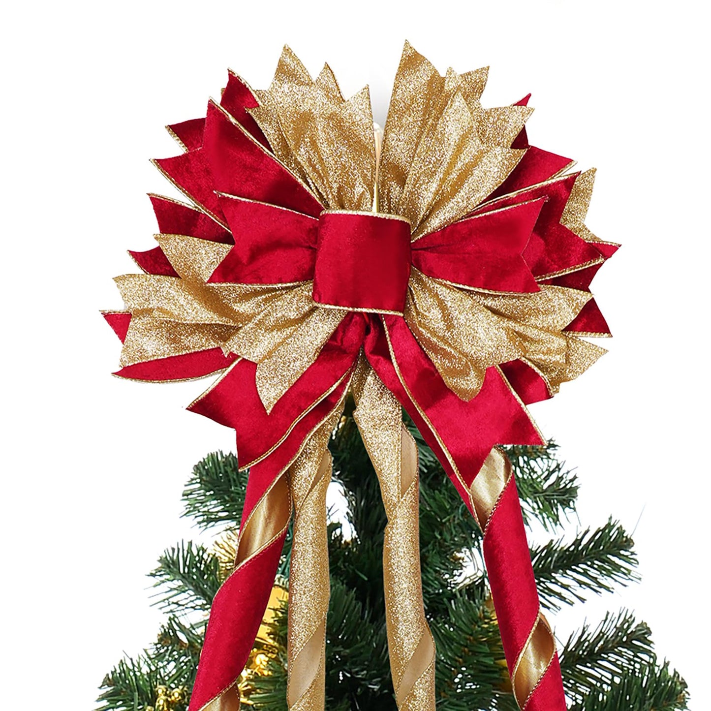 Red Gold Christmas Tree Topper, 40x13 Inches Toppers Bow with Glitter Satin Mesh Streamer and Patterned Ribbon, Christmas Tree Topper Bow for Christmas Home Decoration