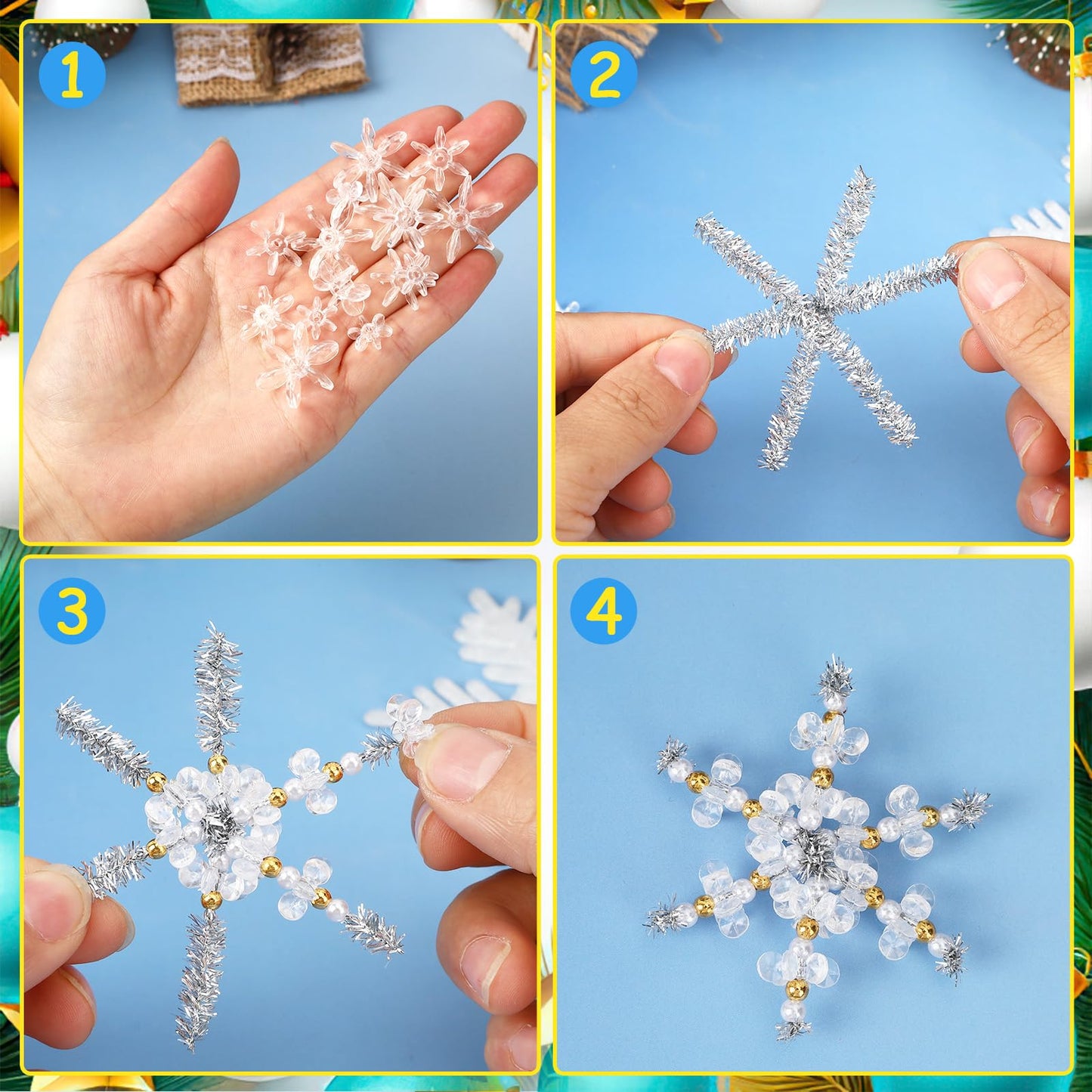 Augshy Christmas Beaded Ornament Kit, 400pcs Crystal Transparent Sunburst Beads Snowflake Clear Beads Bulk for Jewelry Making DIY Crafts Christmas Tree Wreath Candy Cane Holiday Decorations
