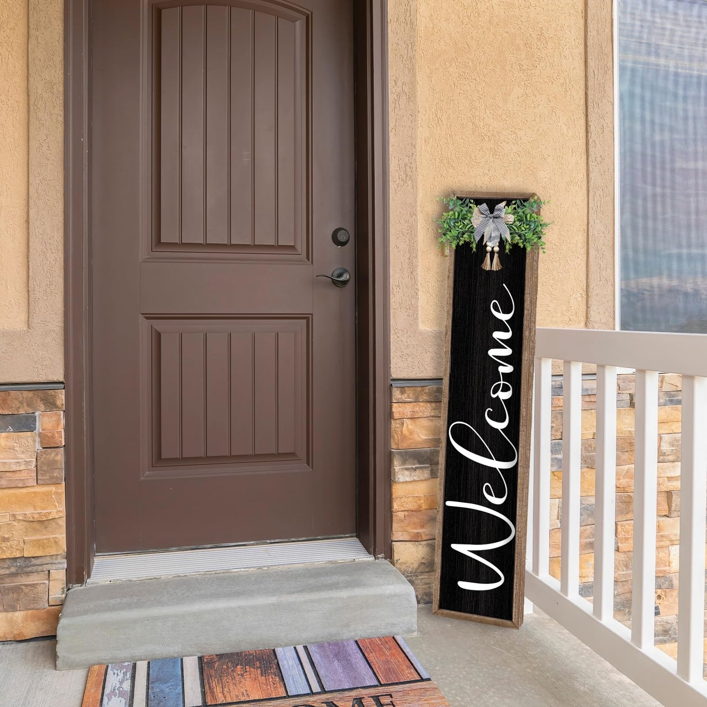 LuZhiQiang Front Porch for Welcome Standing Sign 45"X9" Vertical Tall Long Leaner Wood Framed Outdoor Front Door Sign Decor (Wood Black)