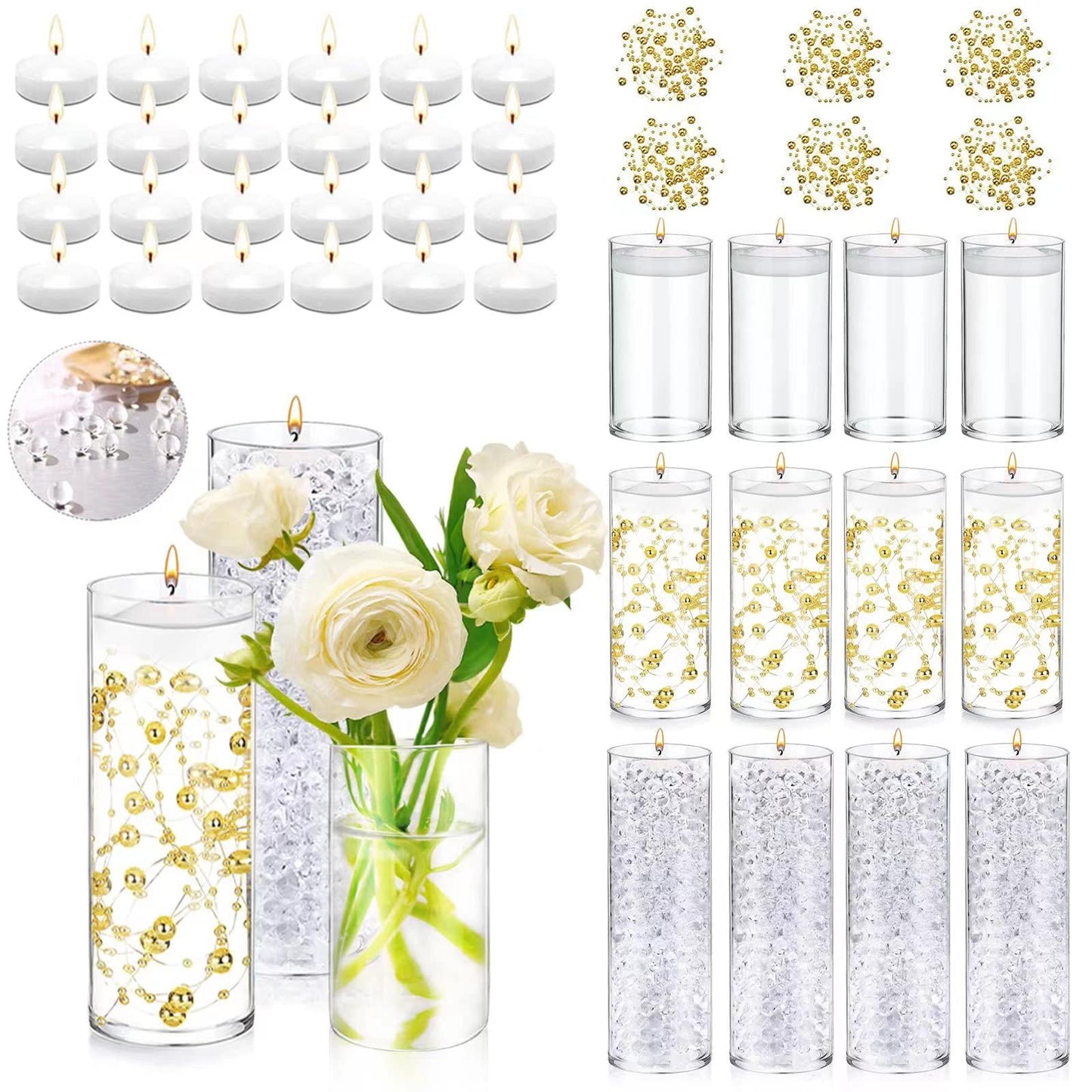 UDU 12 Set Glass Vases for Centerpieces with 24 White Floating Candles 80000 Vase Filler 6 Pearl String Party Event Home Wedding Centerpieces for Tables Decorations
