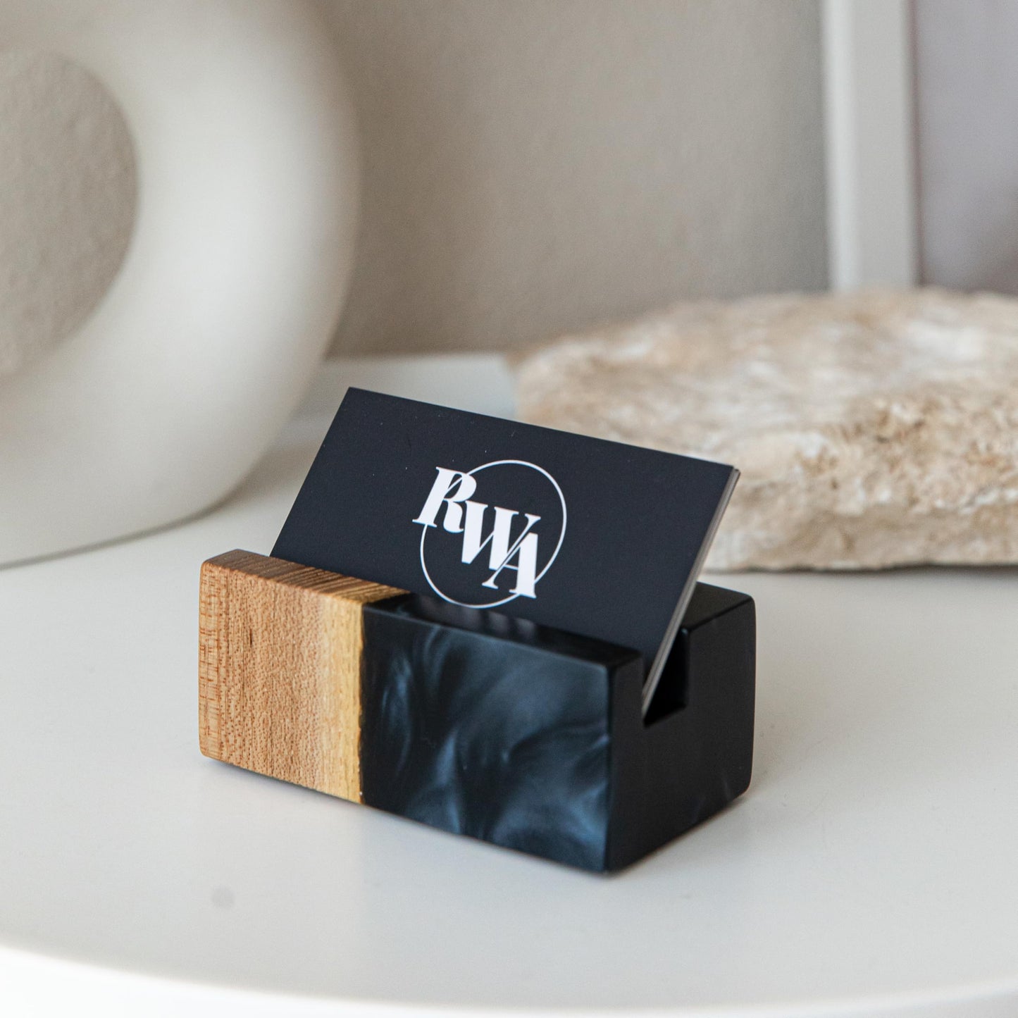 RWA Business Card Holder for Men & Women - Handcrafted Epoxy & Wood, Stylish & Durable Business Card Organizer, Premium Business Card Holders Desk Accessory for Professionals - ELEMENT, black