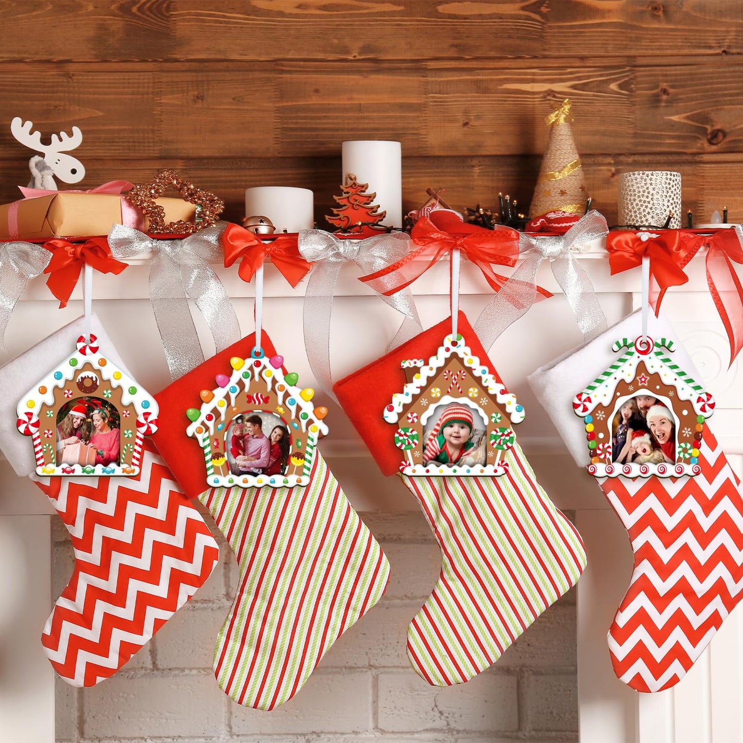 COCHIE Christmas Picture Frame Ornament for Christmas Tree Stocking Decorations, 10PCS Bulk Wood Photo Hanging Ornaments Holiday Xmas Gift (Sweet Gingerbread House)