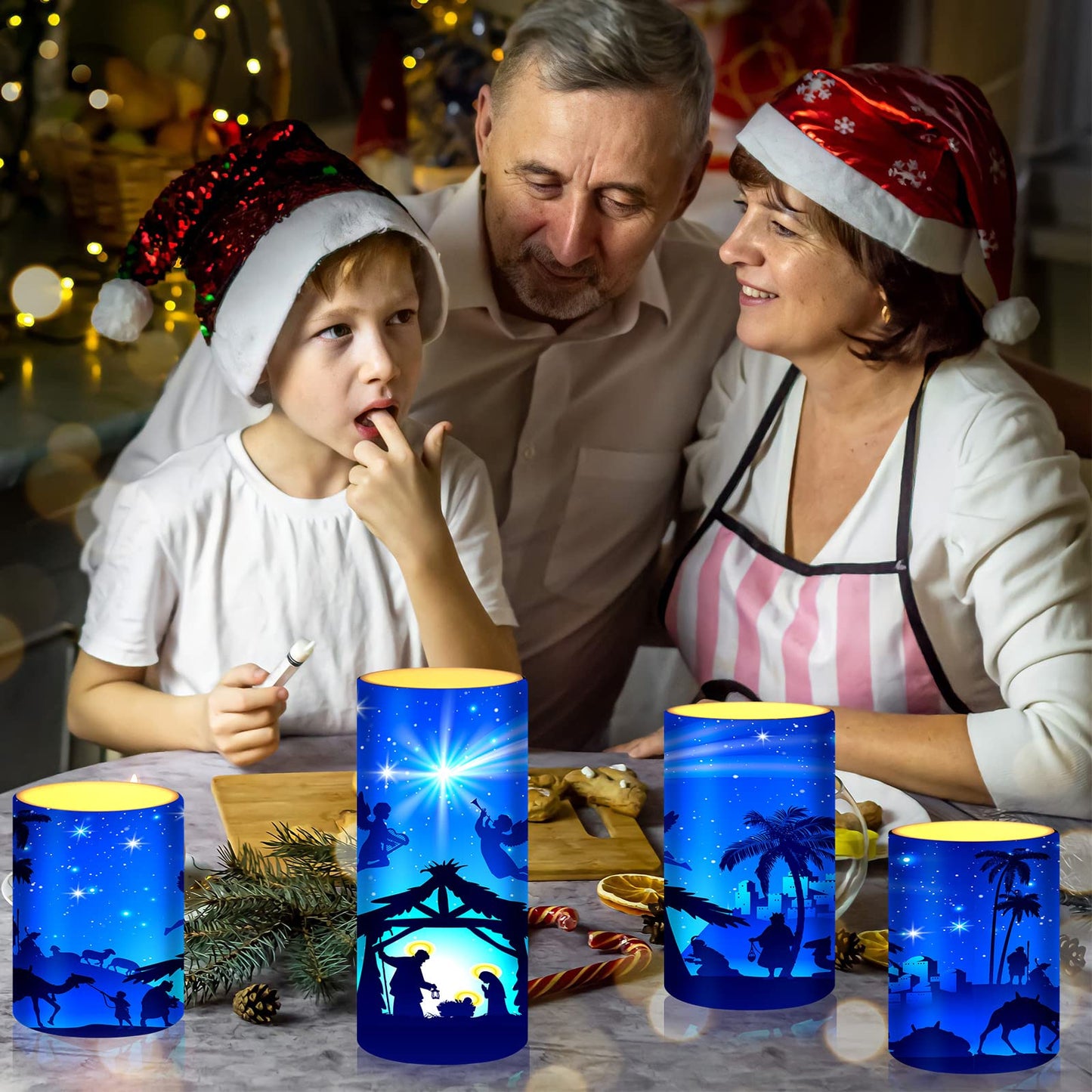 Tiamon Christmas Nativity Scene Candles LED Religious Theme Flameless Candles Battery Operated LED Warm Light Flickering Pillar for Xmas Holiday Table Decorations (Romantic)